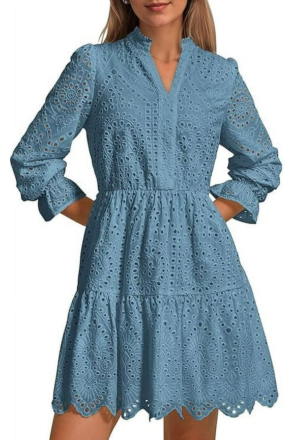 Women's Spring Long Puff Sleeve Mini Dress Hollow Out Lace V Neck A Line Ruffle Casual Party Dresses