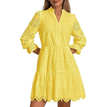 PRETTYGARDEN Women's Spring Long Puff Sleeve Mini Dress Hollow Out Lace V Neck A Line Ruffle Casual Party Dresses