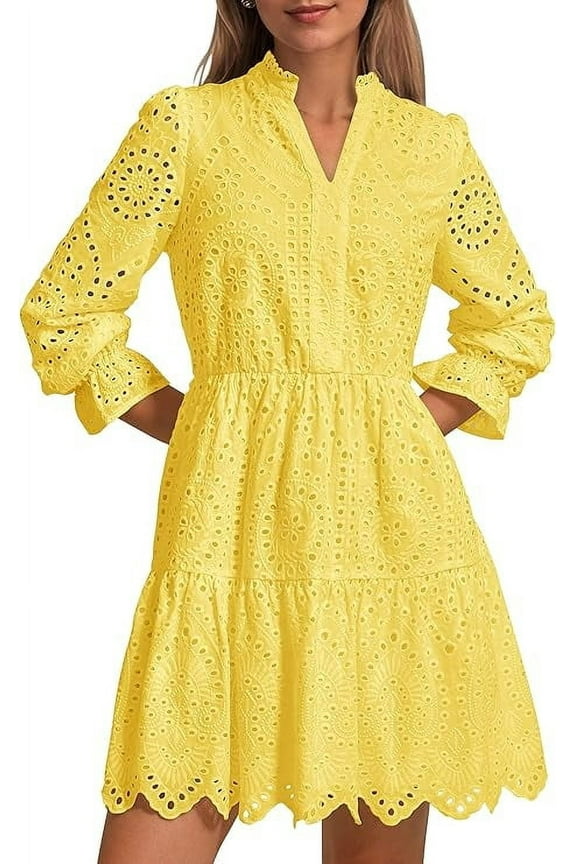 Women's Spring Long Puff Sleeve Mini Dress Hollow Out Lace V Neck A Line Ruffle Casual Party Dresses