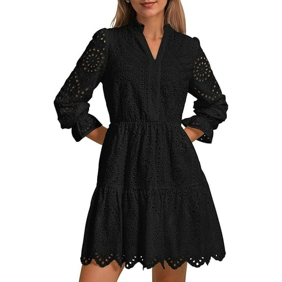 PRETTYGARDEN Women's Spring Long Puff Sleeve Mini Dress Hollow Out Lace V Neck A Line Ruffle Casual Party Dresses