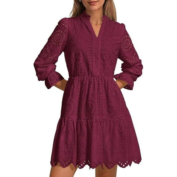 PRETTYGARDEN Women's Spring Long Puff Sleeve Mini Dress Hollow Out Lace V Neck A Line Ruffle Casual Party Dresses
