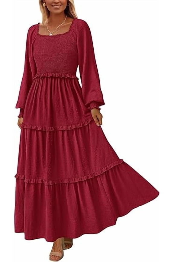 Women's Spring Long Sleeve Smocked Maxi Dress Casual Square Neck Swiss Dot Tiered Ruffle Flowy Pocket Dresses