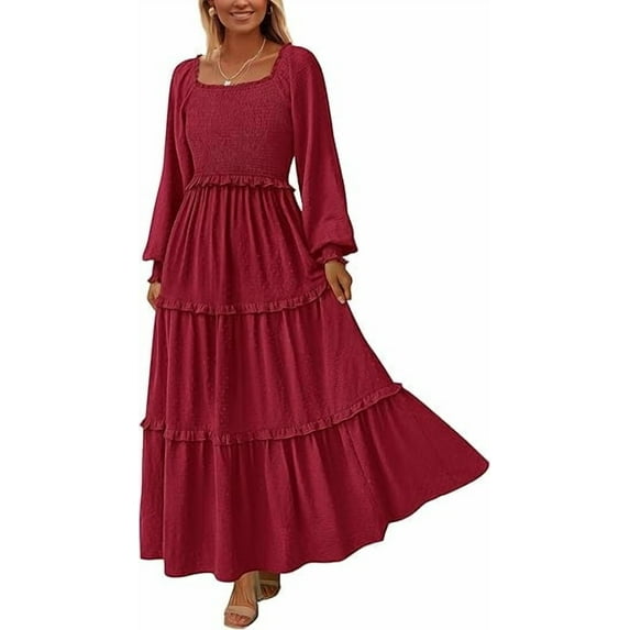 PRETTYGARDEN Women's Spring Long Sleeve Smocked Maxi Dress Casual Square Neck Swiss Dot Tiered Ruffle Flowy Pocket Dresses