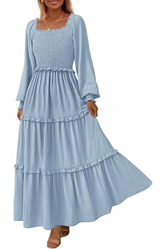Women's Spring Long Sleeve Smocked Maxi Dress Casual Square Neck Swiss Dot Tiered Ruffle Flowy Pocket Dresses