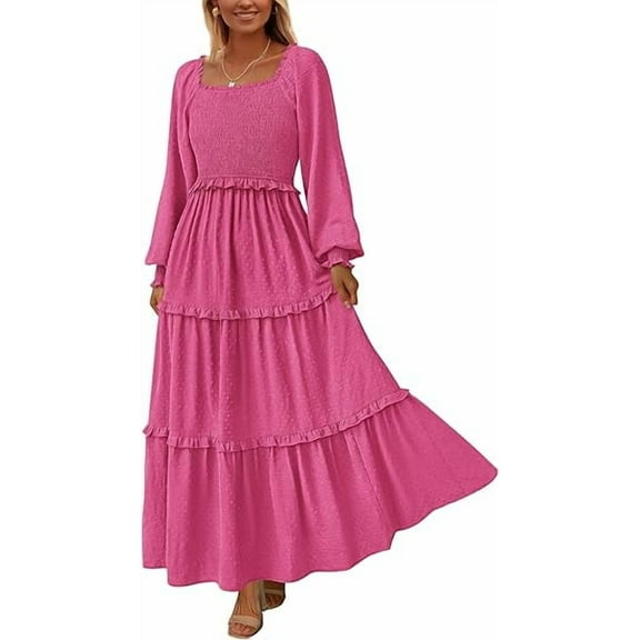 PRETTYGARDEN Women's Spring Long Sleeve Smocked Maxi Dress Casual Square Neck Swiss Dot Tiered Ruffle Flowy Pocket Dresses
