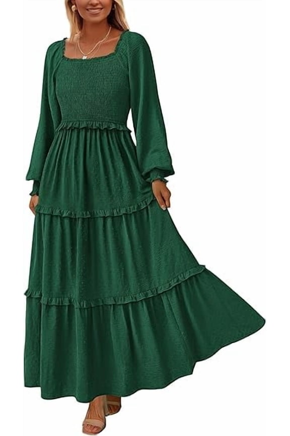 Women's Spring Long Sleeve Smocked Maxi Dress Casual Square Neck Swiss Dot Tiered Ruffle Flowy Pocket Dresses
