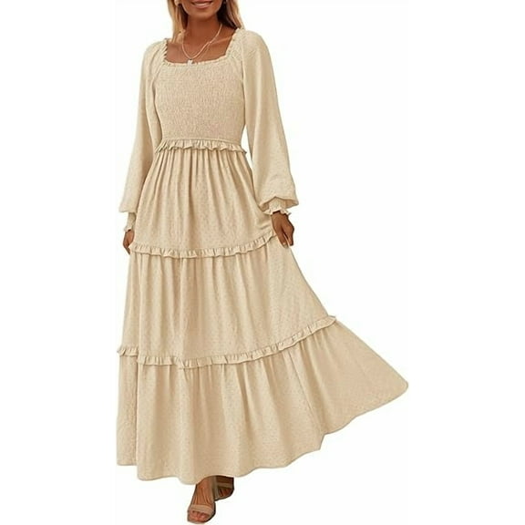 PRETTYGARDEN Women's Spring Long Sleeve Smocked Maxi Dress Casual Square Neck Swiss Dot Tiered Ruffle Flowy Pocket Dresses