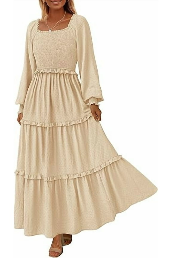 Women's Spring Long Sleeve Smocked Maxi Dress Casual Square Neck Swiss Dot Tiered Ruffle Flowy Pocket Dresses