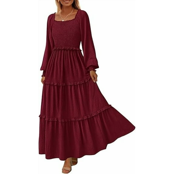 PRETTYGARDEN Women's Spring Long Sleeve Smocked Maxi Dress Casual Square Neck Swiss Dot Tiered Ruffle Flowy Pocket Dresses