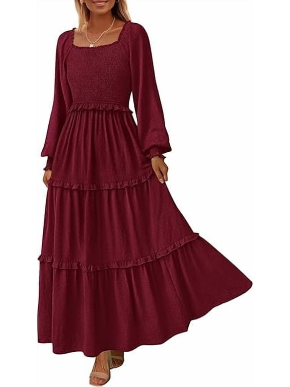Women's Spring Long Sleeve Smocked Maxi Dress Casual Square Neck Swiss Dot Tiered Ruffle Flowy Pocket Dresses