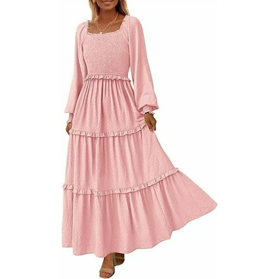 PRETTYGARDEN Women's Spring Long Sleeve Smocked Maxi Dress Casual Square Neck Swiss Dot Tiered Ruffle Flowy Pocket Dresses
