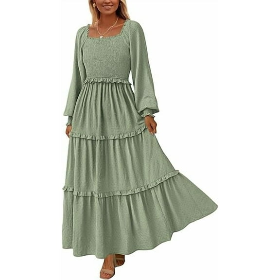 PRETTYGARDEN Women's Spring Long Sleeve Smocked Maxi Dress Casual Square Neck Swiss Dot Tiered Ruffle Flowy Pocket Dresses
