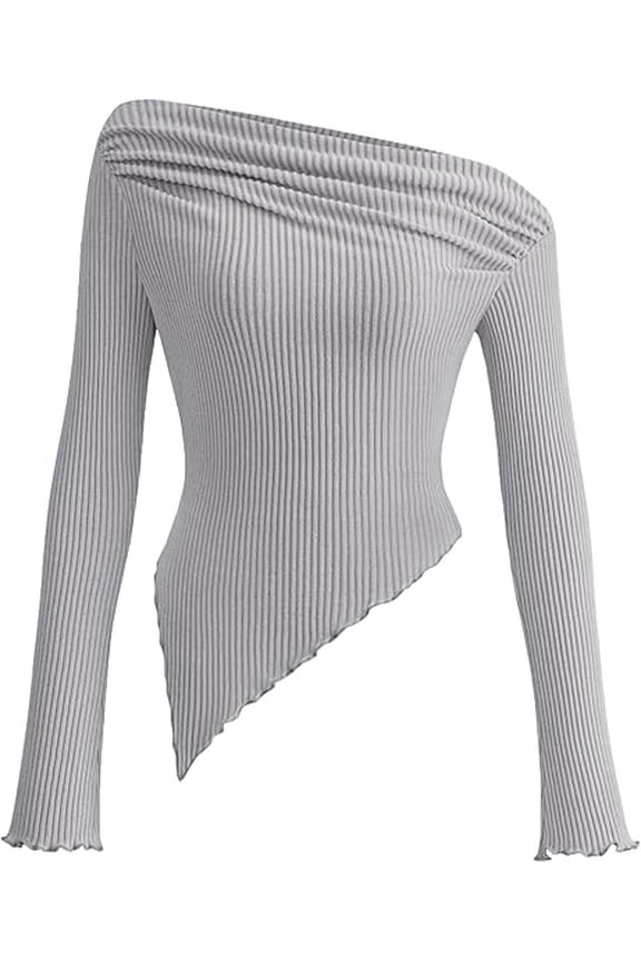 Women's Spring Long Sleeve Y2K Crop Top Trendy Off Shoulder Asymmetrical Fitted Knit Tee Shirts Going Out Tops