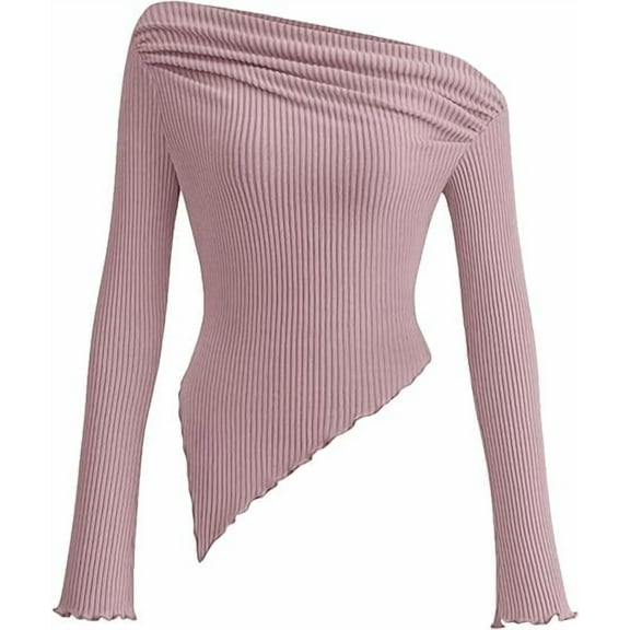 PRETTYGARDEN Women's Spring Long Sleeve Y2K Crop Top Trendy Off Shoulder Asymmetrical Fitted Knit Tee Shirts Going Out Tops