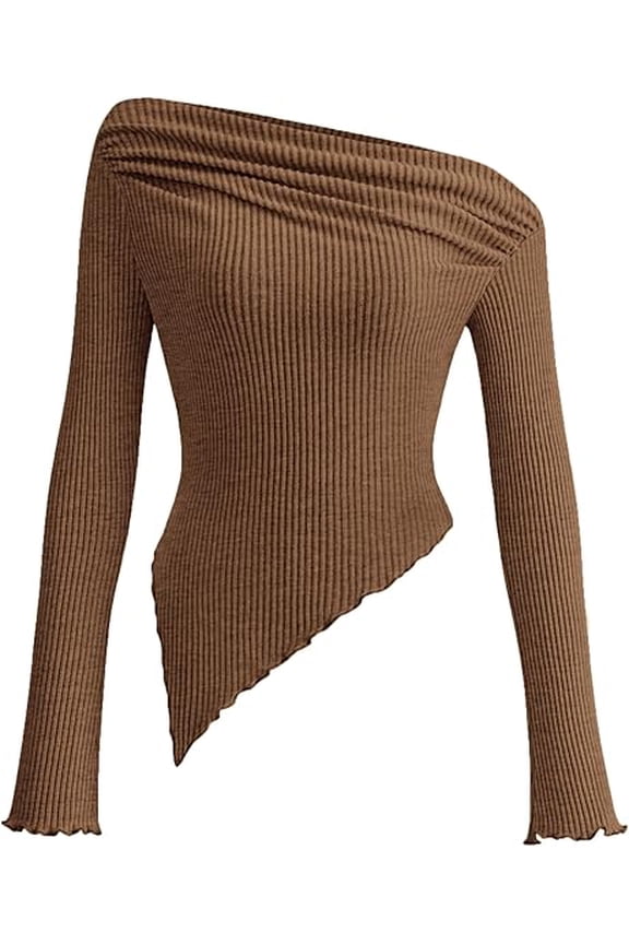 Women's Spring Long Sleeve Y2K Crop Top Trendy Off Shoulder Asymmetrical Fitted Knit Tee Shirts Going Out Tops