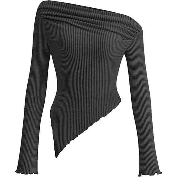 PRETTYGARDEN Women's Spring Long Sleeve Y2K Crop Top Trendy Off Shoulder Asymmetrical Fitted Knit Tee Shirts Going Out Tops