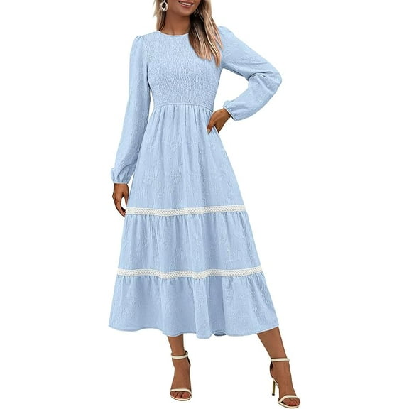 PRETTYGARDEN Women's Spring Midi Dress Fall Elegant Long Sleeve Smocked Flowy Boho Floral Wedding Guest Party Dresses
