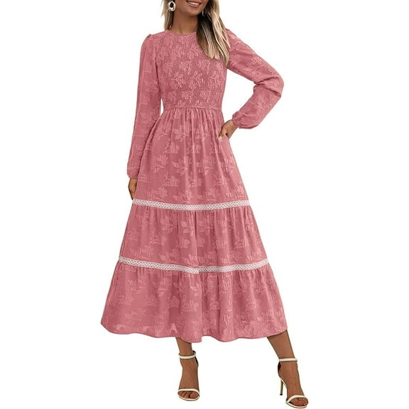 PRETTYGARDEN Women's Spring Midi Dress Fall Elegant Long Sleeve Smocked Flowy Boho Floral Wedding Guest Party Dresses