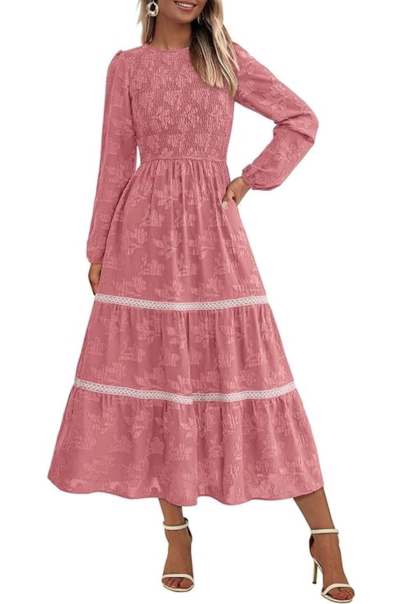 Women's Spring Midi Dress Fall Elegant Long Sleeve Smocked Flowy Boho Floral Wedding Guest Party Dresses