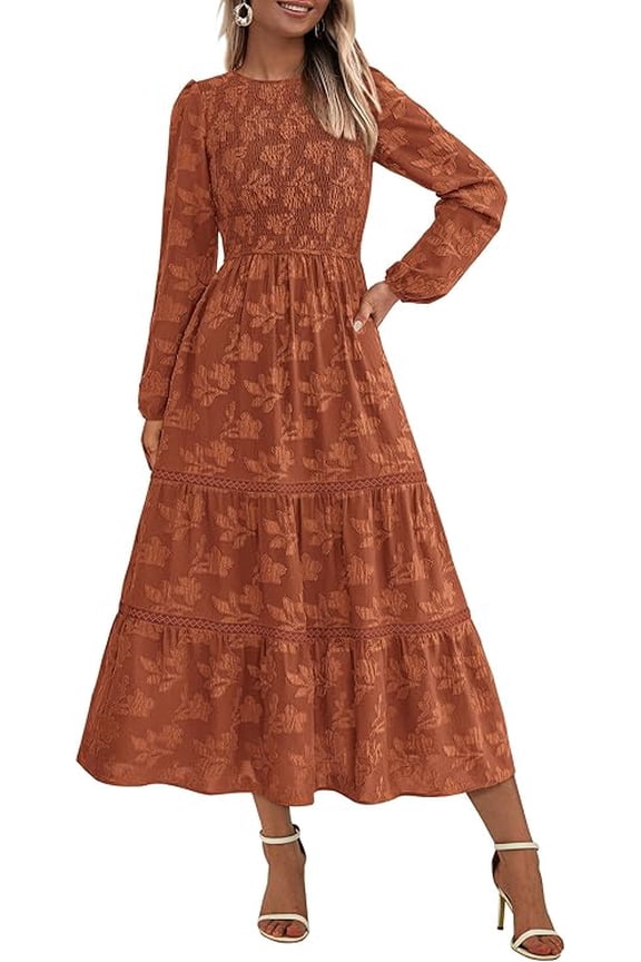 Women's Spring Midi Dress Fall Elegant Long Sleeve Smocked Flowy Boho Floral Wedding Guest Party Dresses