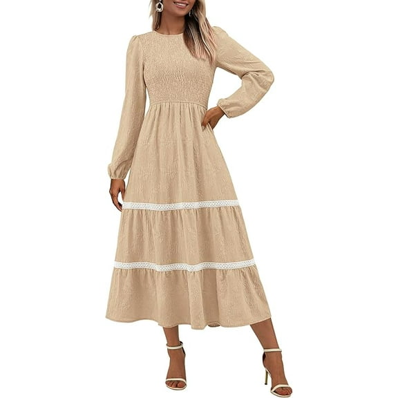 PRETTYGARDEN Women's Spring Midi Dress Fall Elegant Long Sleeve Smocked Flowy Boho Floral Wedding Guest Party Dresses