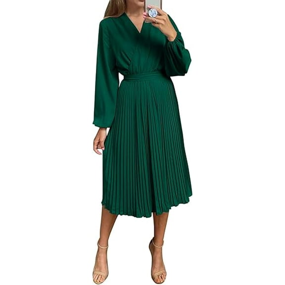 PRETTYGARDEN Women's Spring Midi Dress Long Puff Sleeve Wrap V Neck Flowy Ruffle Pleated Casual Fall Dresses