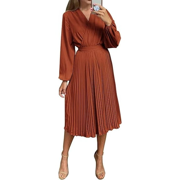 PRETTYGARDEN Women's Spring Midi Dress Long Puff Sleeve Wrap V Neck Flowy Ruffle Pleated Casual Fall Dresses