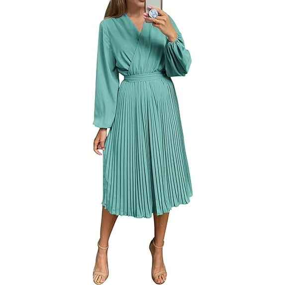 PRETTYGARDEN Women's Spring Midi Dress Long Puff Sleeve Wrap V Neck Flowy Ruffle Pleated Casual Fall Dresses