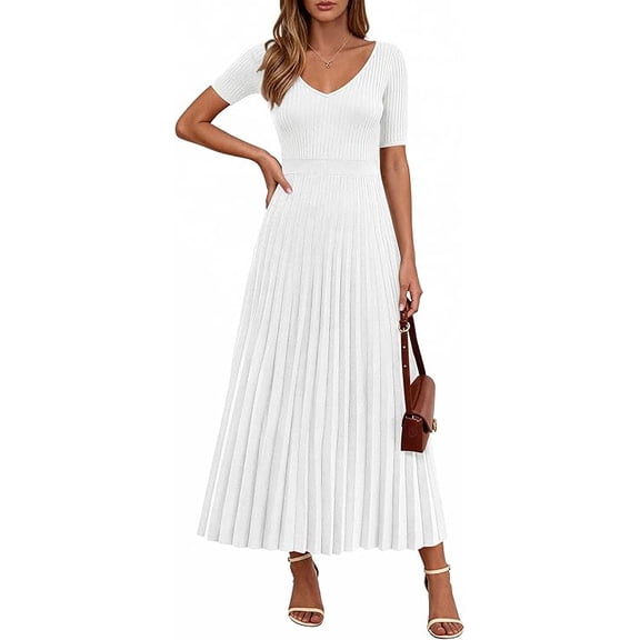 PRETTYGARDEN Women's Spring Midi Sweater Dresses Elegant Pleated Ribbed Knit Short Sleeve V Neck A Line Summer Outfits