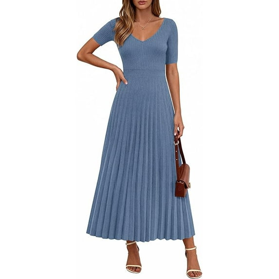 PRETTYGARDEN Women's Spring Midi Sweater Dresses Elegant Pleated Ribbed Knit Short Sleeve V Neck A Line Summer Outfits