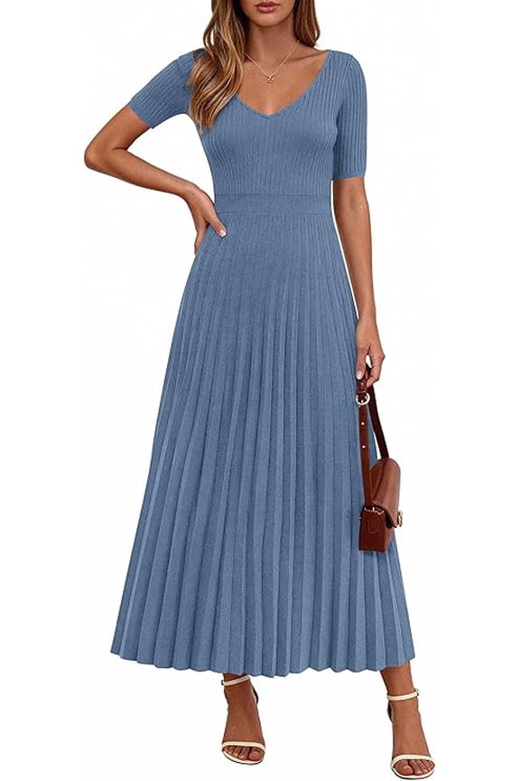 Women's Spring Midi Sweater Dresses Elegant Pleated Ribbed Knit Short Sleeve V Neck A Line Summer Outfits