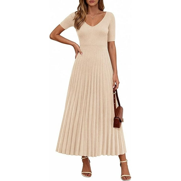 PRETTYGARDEN Women's Spring Midi Sweater Dresses Elegant Pleated Ribbed Knit Short Sleeve V Neck A Line Summer Outfits