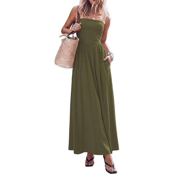 PRETTYGARDEN Women's Spring Strapless Maxi Dresses Patchwork Long Flowy Pockets Elegant Going Out Summer Tube Top Dress