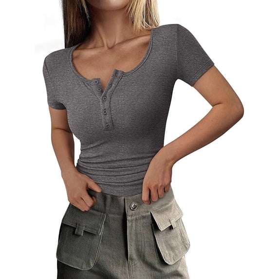 PRETTYGARDEN Women's Spring Summer Short Sleeve Tops Ribbed Henley Button Slim Fit Basic Casual T Shirts Blouse Clothing