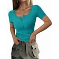 thumbnail image 1 of PRETTYGARDEN Women's Spring Summer Short Sleeve Tops Ribbed Henley Button Slim Fit Basic Casual T Shirts Blouse Clothing, 1 of 9