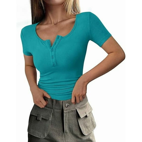 PRETTYGARDEN Women's Spring Summer Short Sleeve Tops Ribbed Henley Button Slim Fit Basic Casual T Shirts Blouse Clothing