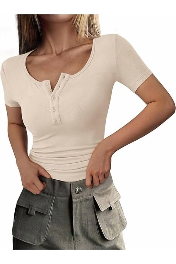 Women's Spring Summer Short Sleeve Tops Ribbed Henley Button Slim Fit Basic Casual T Shirts Blouse Clothing