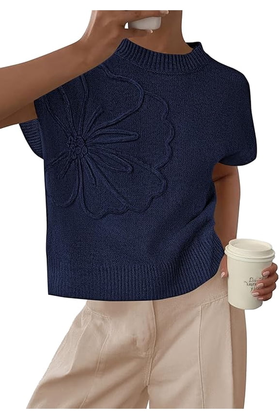Women's Spring Sweater Vest Trendy Flower Knit Short Sleeve Cute Pullover Tank Tops Summer Fashion Clothing