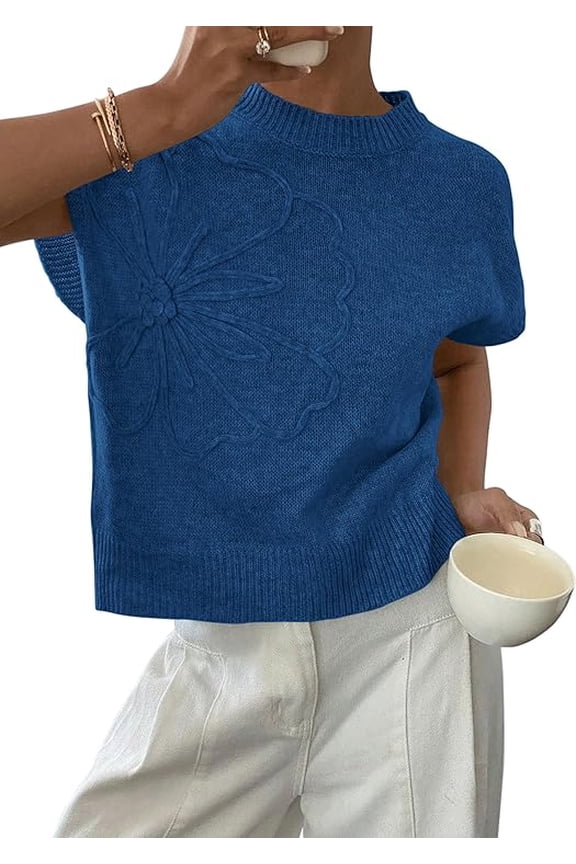 Women's Spring Sweater Vest Trendy Flower Knit Short Sleeve Cute Pullover Tank Tops Summer Fashion Clothing