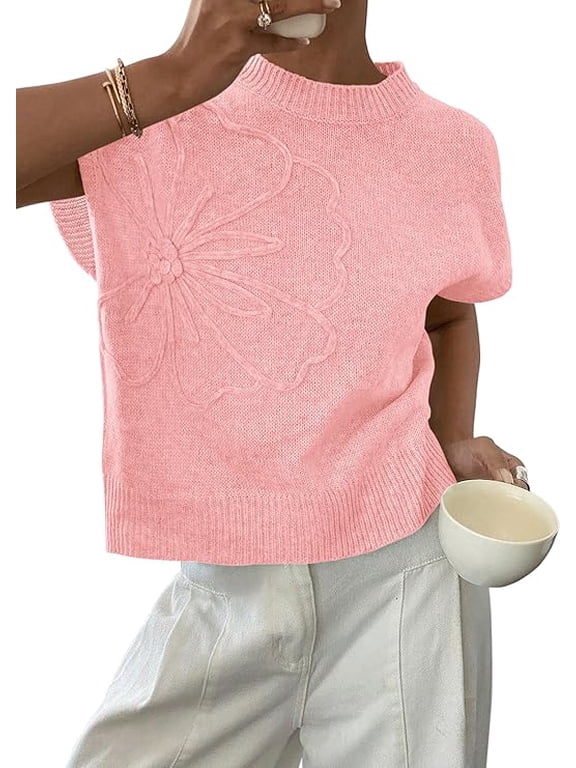 Women's Spring Sweater Vest Trendy Flower Knit Short Sleeve Cute Pullover Tank Tops Summer Fashion Clothing