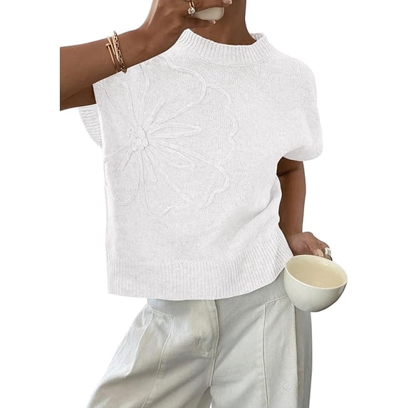 PRETTYGARDEN Women's Spring Sweater Vest Trendy Flower Knit Short Sleeve Cute Pullover Tank Tops Summer Fashion Clothing