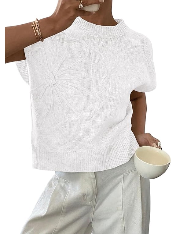 Women's Spring Sweater Vest Trendy Flower Knit Short Sleeve Cute Pullover Tank Tops Summer Fashion Clothing