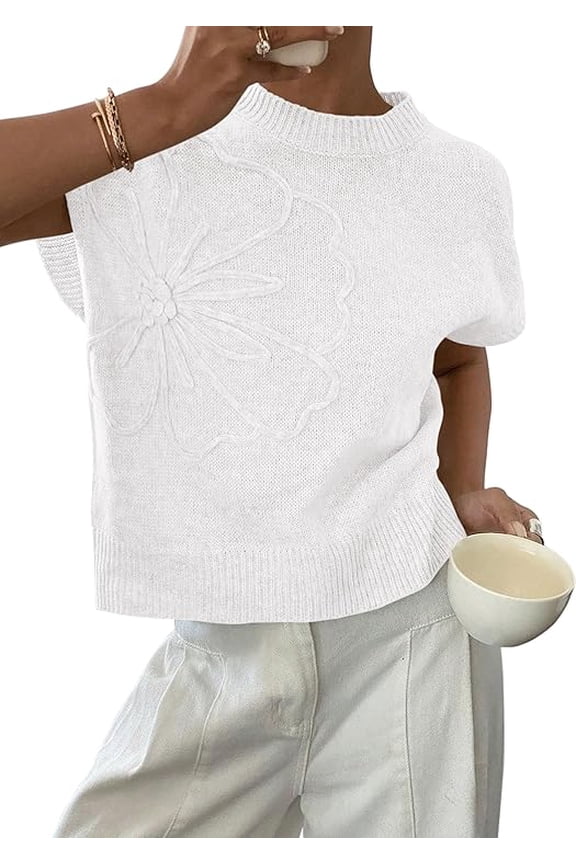 Women's Spring Sweater Vest Trendy Flower Knit Short Sleeve Cute Pullover Tank Tops Summer Fashion Clothing