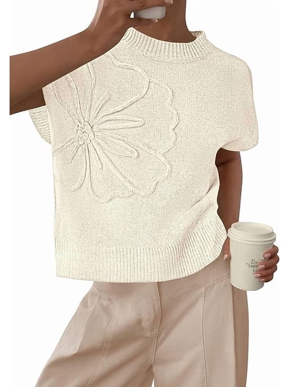 Women's Spring Sweater Vest Trendy Flower Knit Short Sleeve Cute Pullover Tank Tops Summer Fashion Clothing