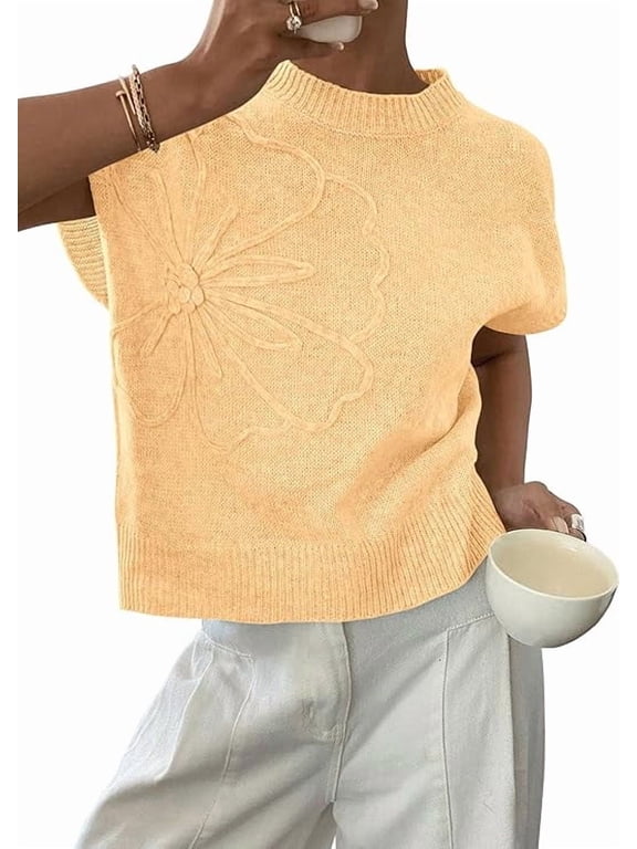 Women's Spring Sweater Vest Trendy Flower Knit Short Sleeve Cute Pullover Tank Tops Summer Fashion Clothing