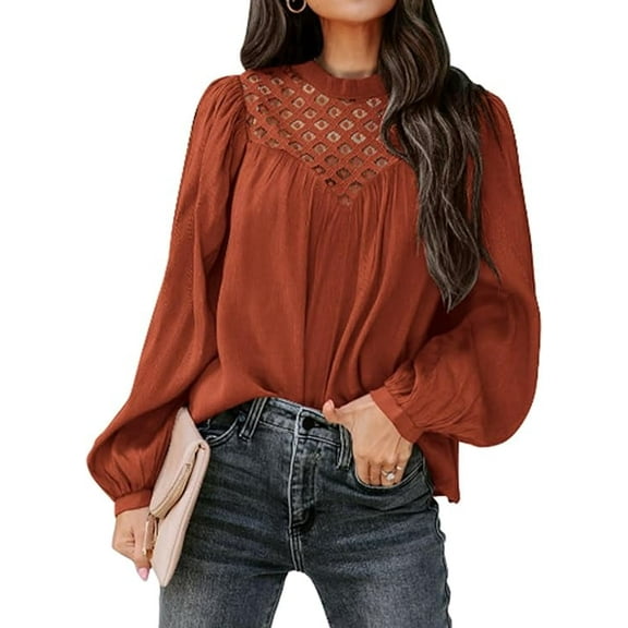 PRETTYGARDEN Women's Spring Tops Crewneck Eyelet Lace Crochet Casual Long Sleeve T Shirts Loose Chiffon Solid Blouses