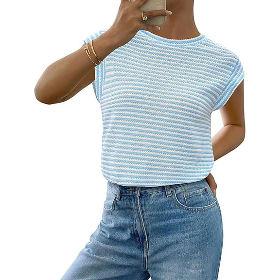 PRETTYGARDEN Women's Spring Vest Tops Cap Sleeve Striped Shirt Knit Tank Top Summer Beach Vacation Clothes