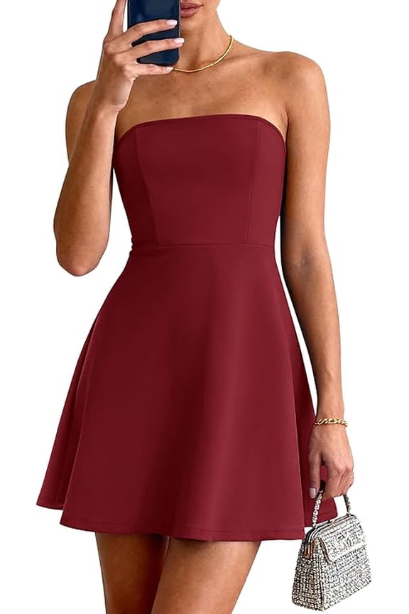 Women's Strapless Mini Summer Dress Spring A Line Tube Top Wedding Guest Cocktail Party Short Dresses