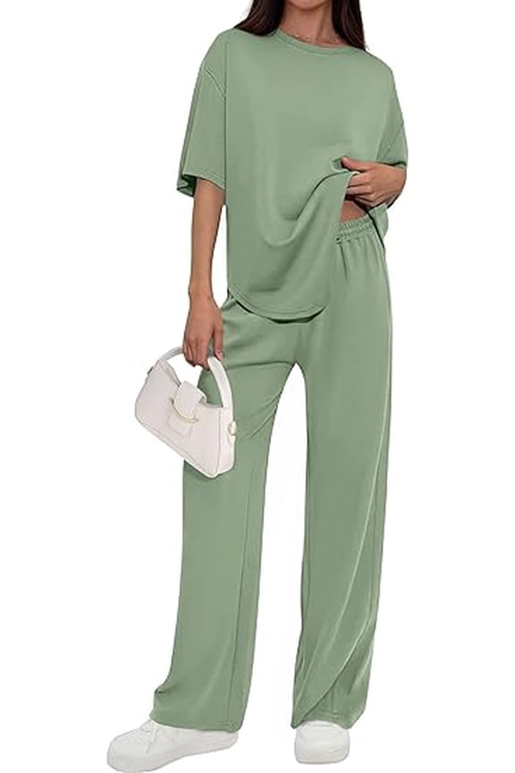 Women's Summer 2 Piece Lounge Set Short Sleeve Tops Wide Leg Pants Spring Vacation Travel Outfits Clothes