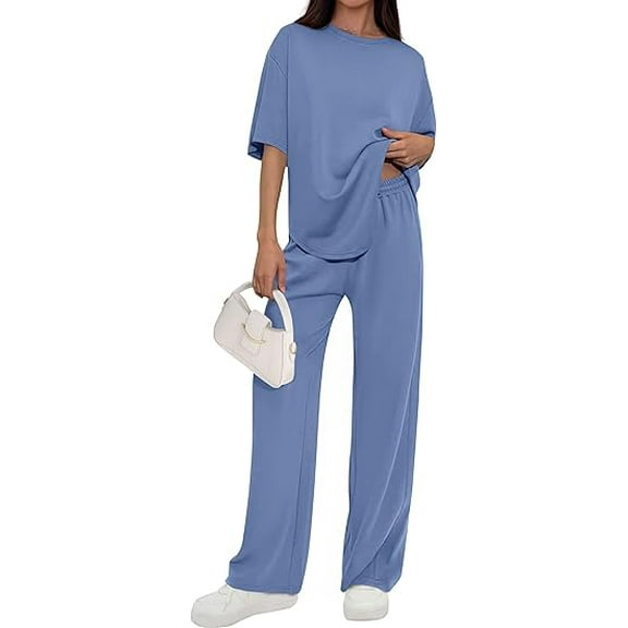 PRETTYGARDEN Women's Summer 2 Piece Lounge Set Short Sleeve Tops Wide Leg Pants Spring Vacation Travel Outfits Clothes